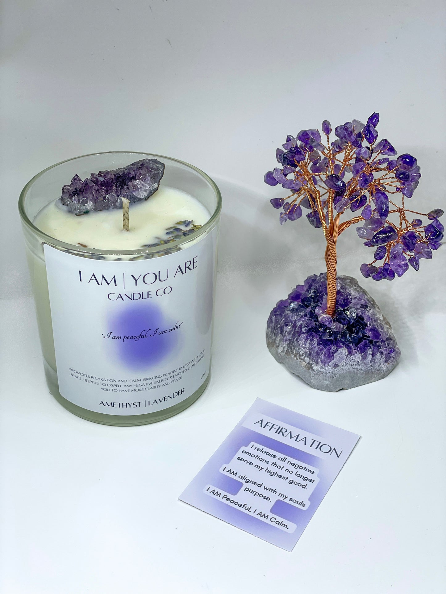Amethyst Calming Candle 30cl & Amethyst Crystal energy tree